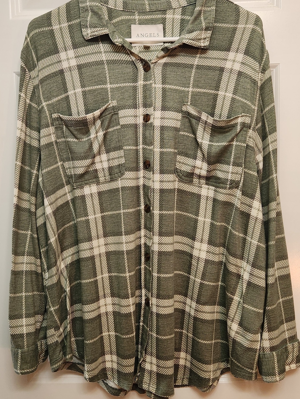ANGELS, Very Soft,  Women's Olive Green Plaid Button-Up Shirt